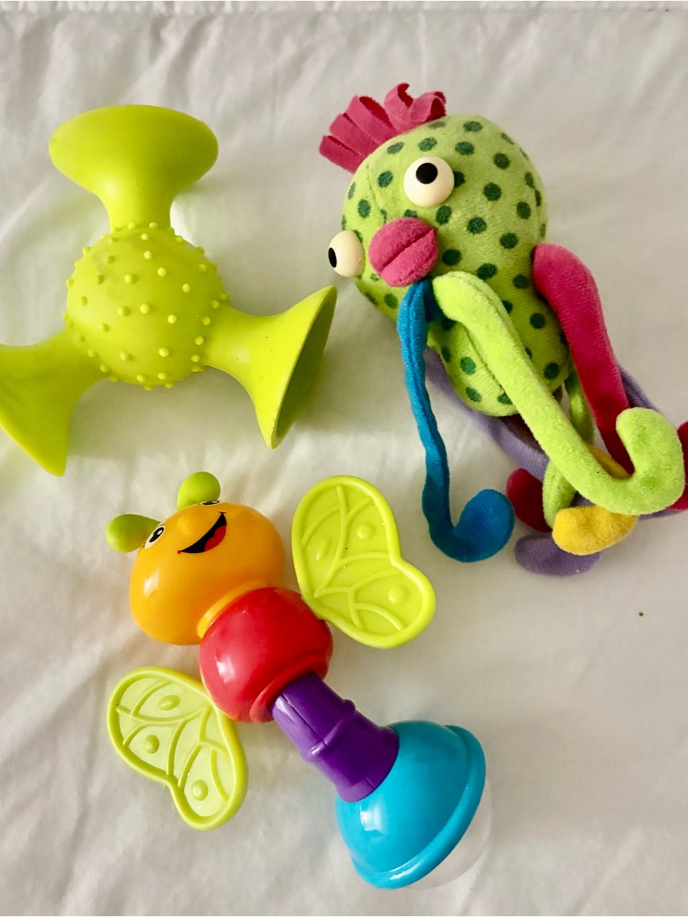 Trio of rattle baby sensory toys - Two rattles and a softie octopus